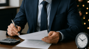 personne en costume examinant un document avec calculatrice et horloge, illustration optimisation de la rémunération et de la protection sociale des dirigeants et professions libérales